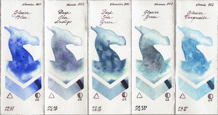 Shminke Horadam Aquarell 961 Glacier Blue vs 952 Deep Sea Indigo vs 954 Deep Sea Green vs 963 Glacier Green vs 962 Glacier Turquoise watercolor swatch
