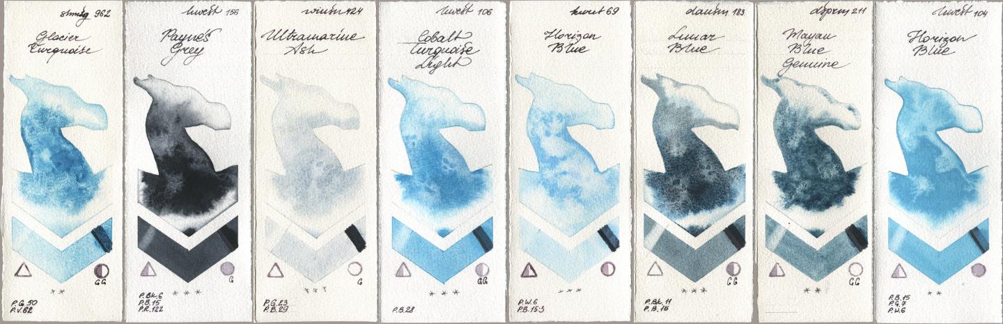 Shminke Horadam Aquarell 962 Glacier Turquoise, Holbein Artists Watercolor 156 Paynes Grey, Winsor & Newton Professional 424 Ultramarine Ash, 106 Cobalt Turquoise Light, Kuretake Gansai Tambi 069 Horizon Blue, Daniel Smith 183 Lunar Blue, 211 Mayan Blue Genuine, 104 Horizon Bl watercolor swatch