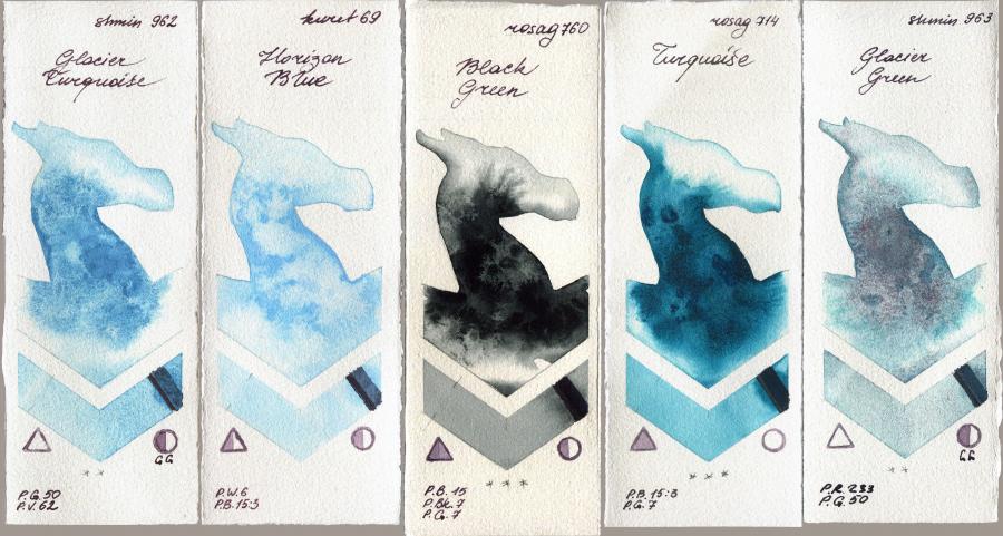 Shminke Horadam Aquarell 962 Glacier Turquoise vs Kuretake Gansai Tambi 69 Horizon Blue vs Rosa Gallery 760 Black Green vs 714 Turquiose vs 963 Glacier Green watercolor swatch
