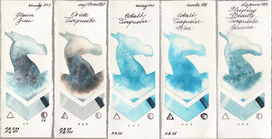 Shminke Horadam Aquarell 963 Glacier Green vs Mijello Mission Gold 827 Oxide Turquoise vs Rosa Gallery 741 Cobalt Turquoise vs Royal Talens Rembrandt Watercolour 586 Cobalt Turquoise Blue vs Daniel Smith 150 Sleeping Beauty Turquoise Genuine watercolor swatch