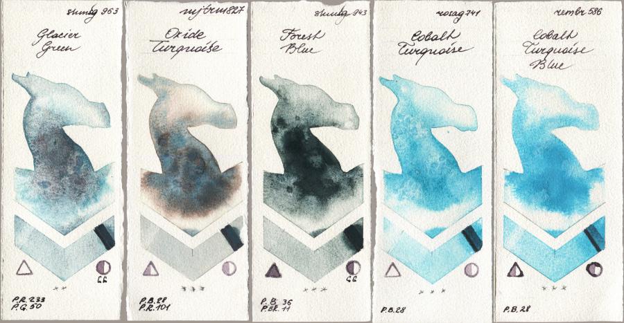 Shminke Horadam Aquarell 963 Glacier Green vs Mijello Mission Gold 827 Oxide Turquoise vs 943 Forest Blue vs Rosa Gallery 741 Cobalt Turquoise vs Royal Talens Rembrandt Watercolour 586 Cobalt Turquoise Blue watercolor swatch