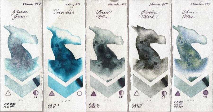 Shminke Horadam Aquarell 963 Glacier Green vs Rosa Gallery 714 Turquiose vs 943 Forest Blue vs 965 Glacier Black vs 934 Shire Blue watercolor swatch