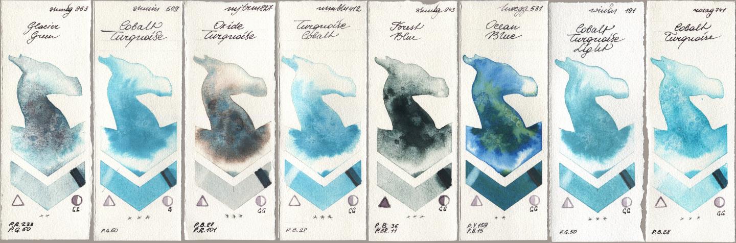 Shminke Horadam Aquarell 963 Glacier Green, 509 Cobalt Turquoise, Mijello Mission Gold 827 Oxide Turquoise, Maimeri Blu 412 Turquoise Cobalt, 943 Forest Blue, Holbein Artists Watercolor 531 Ocean Blue, Winsor & Newton Professional 191 Cobalt Turquoise Light, Rosa Gallery 741 Cobalt Turquoi watercolor swatch