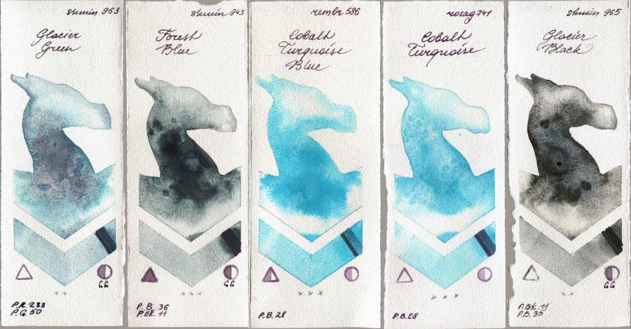 Shminke Horadam Aquarell 963 Glacier Green vs 943 Forest Blue vs Royal Talens Rembrandt Watercolour 586 Cobalt Turquoise Blue vs Rosa Gallery 741 Cobalt Turquoise vs 965 Glacier Black watercolor swatch