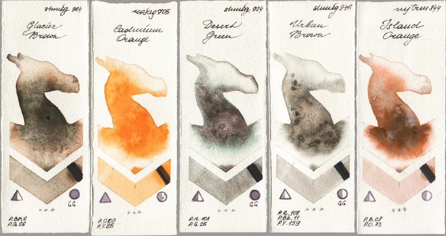 Shminke Horadam Aquarell 964 Glacier Brown vs Rosa Gallery 705 Cadmium Orange vs 924 Desert Green vs 946 Urban Brown vs Mijello Mission Gold 844 Island Orange watercolor swatch