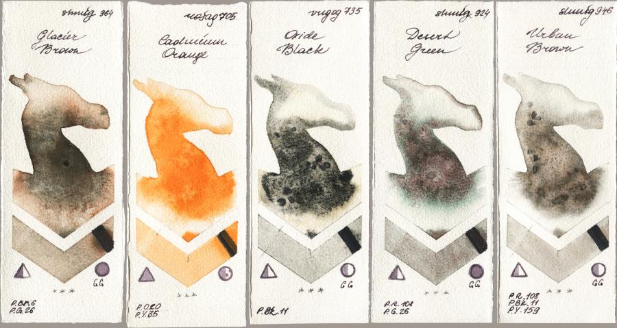 Shminke Horadam Aquarell 964 Glacier Brown vs Rosa Gallery 705 Cadmium Orange vs Royal Talens Van Gogh Watercolour 735 Oxide Black vs 924 Desert Green vs 946 Urban Brown watercolor swatch