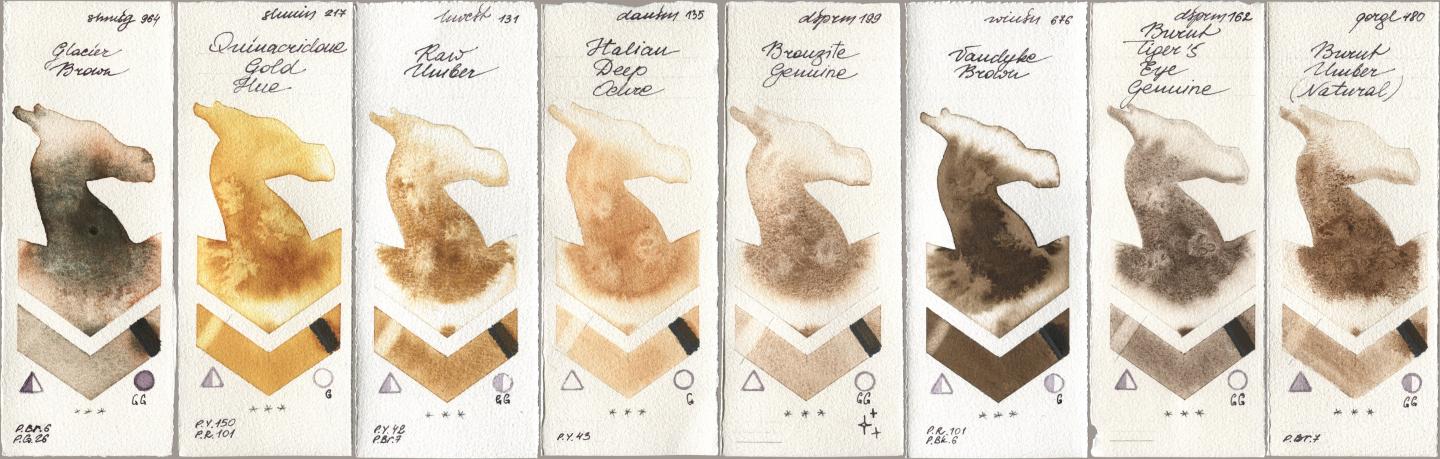 Shminke Horadam Aquarell 964 Glacier Brown, 217 Quinacridone Gold Hue, Holbein Artists Watercolor 131 Raw Umber, Daniel Smith 135 Italian Deep Ochre, 199 Bronzite Genuine, Winsor & Newton Professional 676 Vandyke Brown, 162 Burnt Tigers Eye Genuine, Golden QOR 480 Burnt Umber (Natura watercolor swatch