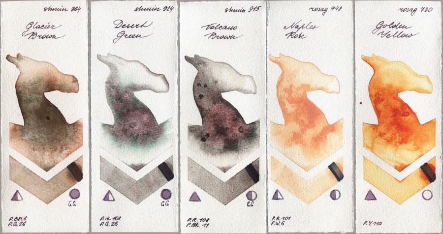 Shminke Horadam Aquarell 964 Glacier Brown vs 924 Desert Green vs 915 Volcano Brown vs Rosa Gallery 748 Naples Rose vs 730 Golden Yellow watercolor swatch