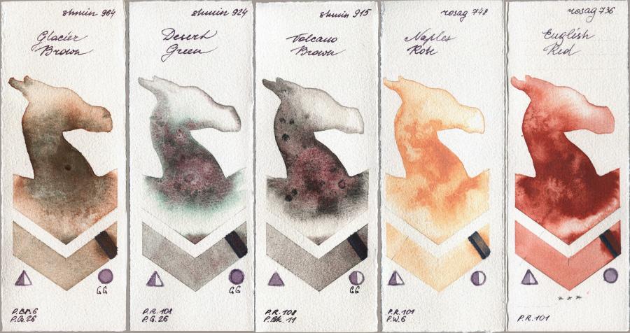 Shminke Horadam Aquarell 964 Glacier Brown vs 924 Desert Green vs 915 Volcano Brown vs Rosa Gallery 748 Naples Rose vs 736 English Red watercolor swatch