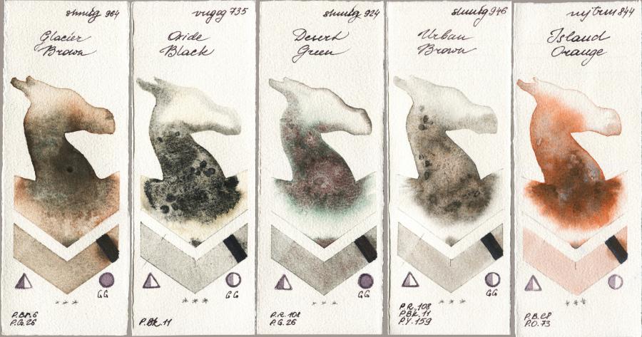 Shminke Horadam Aquarell 964 Glacier Brown vs Royal Talens Van Gogh Watercolour 735 Oxide Black vs 924 Desert Green vs 946 Urban Brown vs Mijello Mission Gold 844 Island Orange watercolor swatch