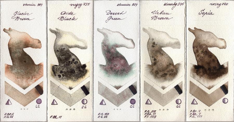 Shminke Horadam Aquarell 964 Glacier Brown vs Royal Talens Van Gogh Watercolour 735 Oxide Black vs 924 Desert Green vs 946 Urban Brown vs Rosa Gallery 720 Sepia watercolor swatch