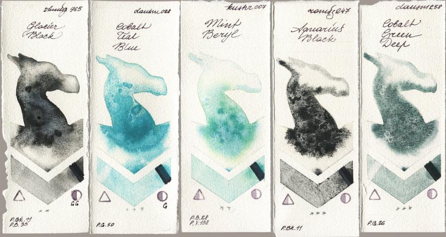 Shminke Horadam Aquarell 965 Glacier Black vs Daniel Smith 028 Cobalt Teal Blue vs Kusakabe 007 Mint Beryl vs Roman Szmal Aquarius 247 Aquarius Black vs 258 Cobalt Green Deep watercolor swatch