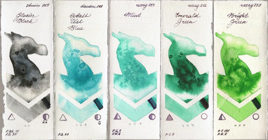 Shminke Horadam Aquarell 965 Glacier Black vs Daniel Smith 028 Cobalt Teal Blue vs Rosa Gallery 754 Mint vs 712 Emerald Green vs 739 Bright Green watercolor swatch