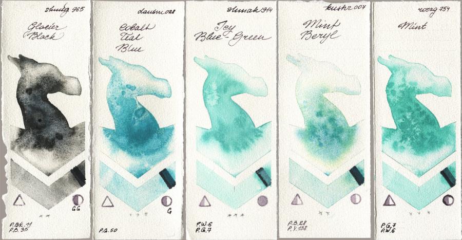 Shminke Horadam Aquarell 965 Glacier Black vs Daniel Smith 028 Cobalt Teal Blue vs Shminke Akademie Aquarell 914 Icy Blue-Green vs Kusakabe 007 Mint Beryl vs Rosa Gallery 754 Mint watercolor swatch