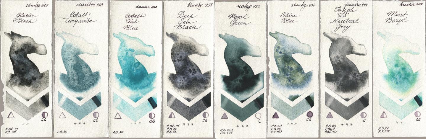 Shminke Horadam Aquarell 965 Glacier Black, Daniel Smith 029 Cobalt Turquoise, 028 Cobalt Teal Blue, 955 Deep Sea Black, Rosa Gallery 780 Royal Green, 934 Shire Blue, 244 Joseph Zs Neutral Grey, Kusakabe 007 Mint Ber watercolor swatch