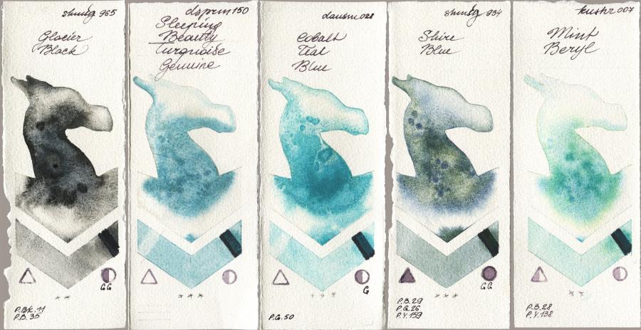 Shminke Horadam Aquarell 965 Glacier Black vs Daniel Smith 150 Sleeping Beauty Turquoise Genuine vs 028 Cobalt Teal Blue vs 934 Shire Blue vs Kusakabe 007 Mint Beryl watercolor swatch