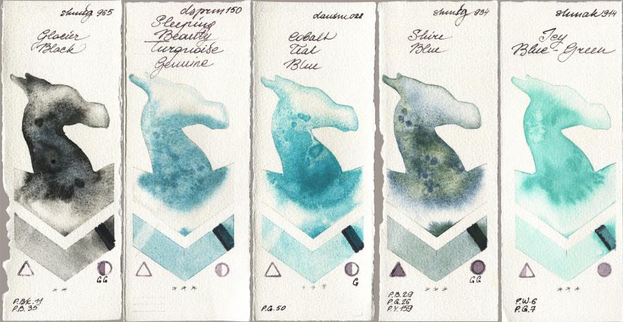Shminke Horadam Aquarell 965 Glacier Black vs Daniel Smith 150 Sleeping Beauty Turquoise Genuine vs 028 Cobalt Teal Blue vs 934 Shire Blue vs Shminke Akademie Aquarell 914 Icy Blue-Green watercolor swatch