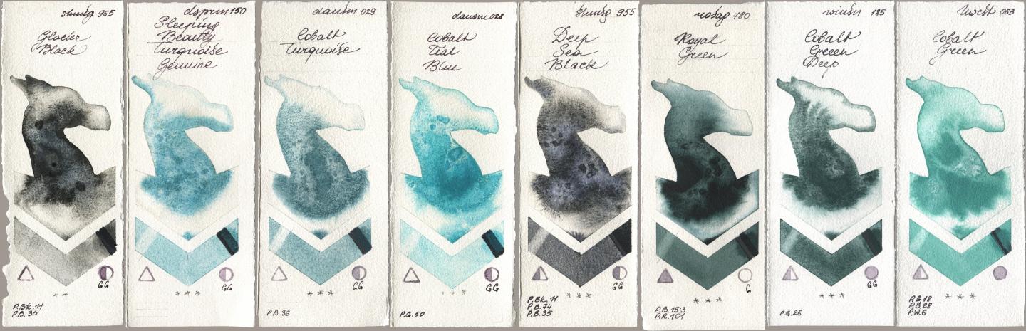 Shminke Horadam Aquarell 965 Glacier Black, Daniel Smith 150 Sleeping Beauty Turquoise Genuine, 029 Cobalt Turquoise, 028 Cobalt Teal Blue, 955 Deep Sea Black, Rosa Gallery 780 Royal Green, Winsor & Newton Professional 185 Cobalt Green Deep, Holbein Artists Watercolor 063 Cobalt Gre watercolor swatch