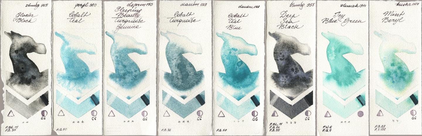 Shminke Horadam Aquarell 965 Glacier Black, Golden QOR 360 Cobalt Teal, Daniel Smith 150 Sleeping Beauty Turquoise Genuine, 029 Cobalt Turquoise, 028 Cobalt Teal Blue, 955 Deep Sea Black, Shminke Akademie Aquarell 914 Icy Blue-Green, Kusakabe 007 Mint Ber watercolor swatch