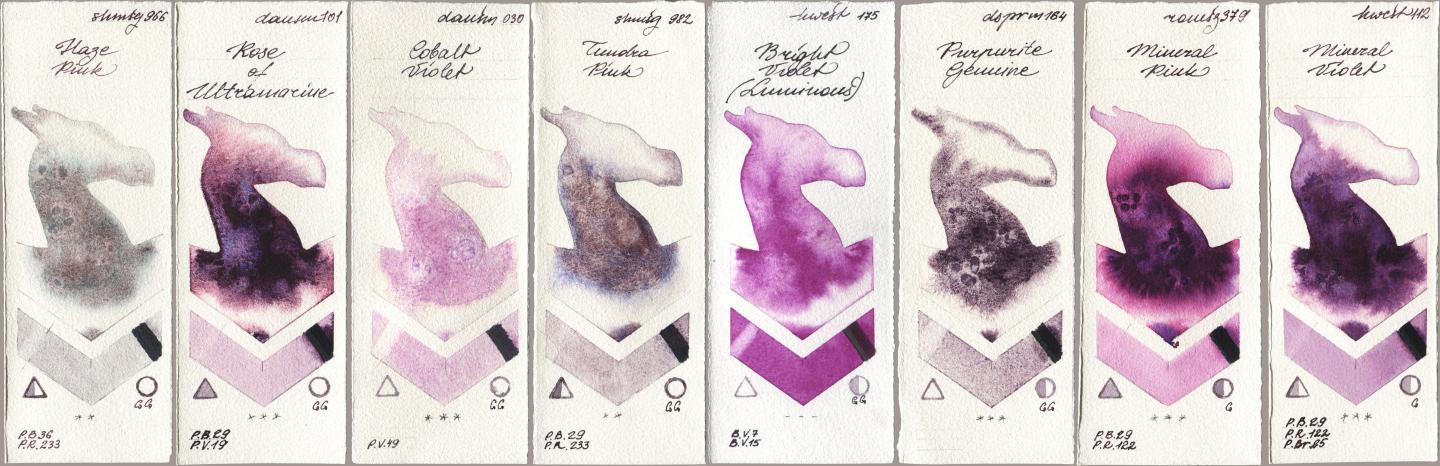 Shminke Horadam Aquarell 966 Haze Pink, Daniel Smith 101 Rose of Ultramarine, 030 Cobalt Violet, 982 Tundra Pink, Holbein Artists Watercolor 175 Bright Violet (Luminous), 164 Purpurite Genuine, Roman Szmal Aquarius 379 Mineral Pink, 112 Mineral Viol watercolor swatch