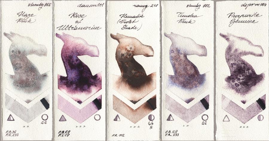 Shminke Horadam Aquarell 966 Haze Pink vs Daniel Smith 101 Rose of Ultramarine vs Roman Szmal Aquarius 248 Hematite (Violet Shade) vs 982 Tundra Pink vs 164 Purpurite Genuine watercolor swatch