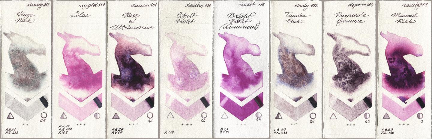 Shminke Horadam Aquarell 966 Haze Pink, Mijello Mission Gold 558 Lilac, Daniel Smith 101 Rose of Ultramarine, 030 Cobalt Violet, Holbein Artists Watercolor 175 Bright Violet (Luminous), 982 Tundra Pink, 164 Purpurite Genuine, Roman Szmal Aquarius 379 Mineral Pi watercolor swatch