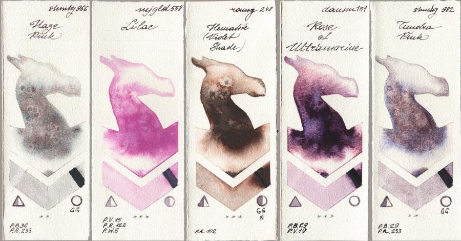 Shminke Horadam Aquarell 966 Haze Pink vs Mijello Mission Gold 558 Lilac vs Roman Szmal Aquarius 248 Hematite (Violet Shade) vs Daniel Smith 101 Rose of Ultramarine vs 982 Tundra Pink watercolor swatch