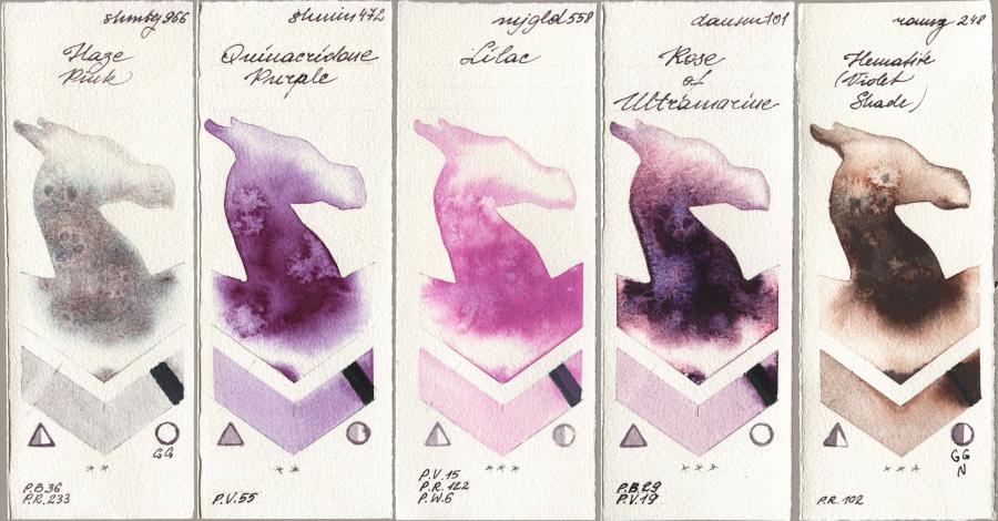 Shminke Horadam Aquarell 966 Haze Pink vs 472 Quinacridone Purple vs Mijello Mission Gold 558 Lilac vs Daniel Smith 101 Rose of Ultramarine vs Roman Szmal Aquarius 248 Hematite (Violet Shade) watercolor swatch