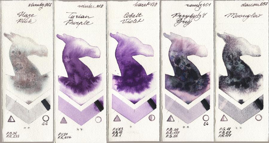 Shminke Horadam Aquarell 966 Haze Pink vs Winsor & Newton Professional 419 Tyrian Purple vs Kuretake Gansai Tambi 139 Cobalt Violet vs Roman Szmal Aquarius 401 Przybyszs Grey vs Daniel Smith 057 Moonglow watercolor swatch