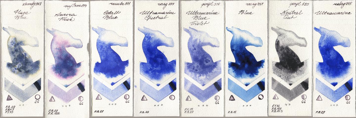 Shminke Horadam Aquarell 967 Haze Blue, Mijello Mission Gold 814 Aurora Pink, Royal Talens Rembrandt Watercolour 511 Cobalt Blue, Rosa Gallery 777 Ultramarine Spectral, Golden QOR 316 Ultramarine Blue Violet, 718 Blue, 520 Neutral Tint, 715 Ultramari watercolor swatch