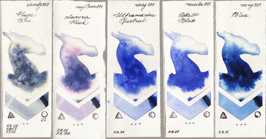 Shminke Horadam Aquarell 967 Haze Blue vs Mijello Mission Gold 814 Aurora Pink vs Rosa Gallery 777 Ultramarine Spectral vs Royal Talens Rembrandt Watercolour 511 Cobalt Blue vs 718 Blue watercolor swatch