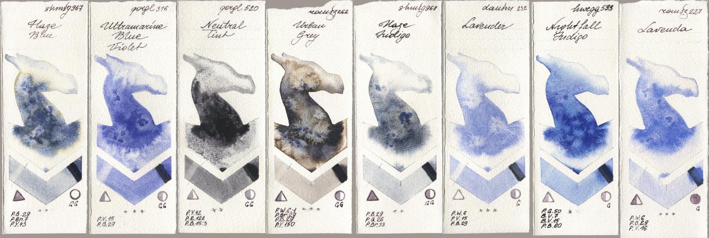 Shminke Horadam Aquarell 967 Haze Blue, Golden QOR 316 Ultramarine Blue Violet, 520 Neutral Tint, Roman Szmal Aquarius 262 Urban Grey, 968 Haze Indigo, Daniel Smith 232 Lavender, Holbein Artists Watercolor 533 Nightfall Indigo, 227 Laven watercolor swatch