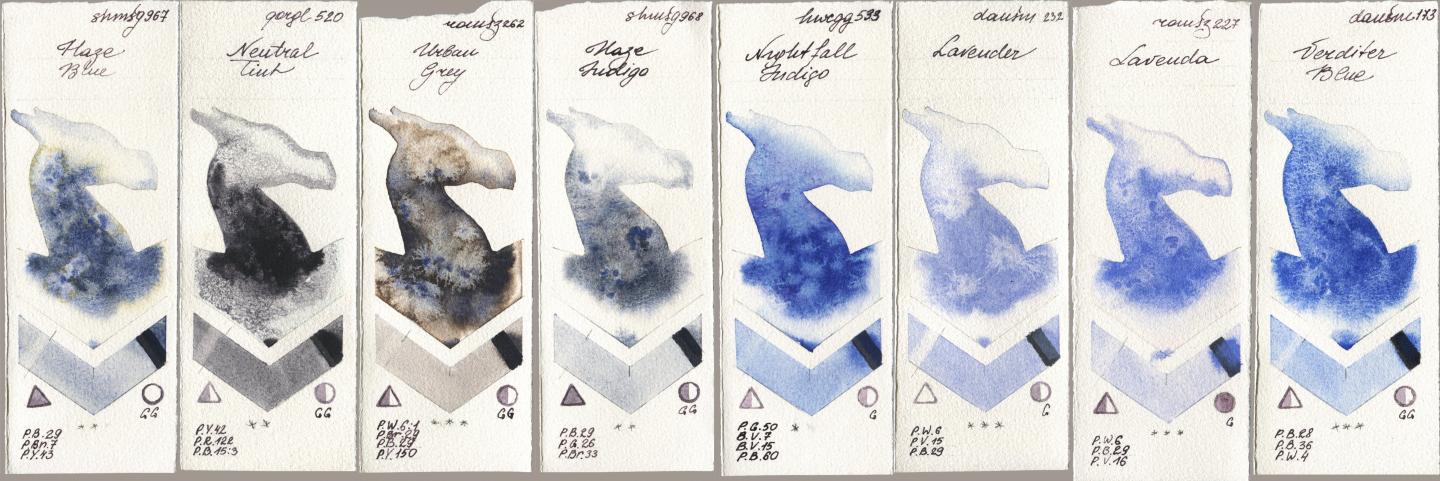 Shminke Horadam Aquarell 967 Haze Blue, Golden QOR 520 Neutral Tint, Roman Szmal Aquarius 262 Urban Grey, 968 Haze Indigo, Holbein Artists Watercolor 533 Nightfall Indigo, Daniel Smith 232 Lavender, 227 Lavenda, 173 Verditer Bl watercolor swatch