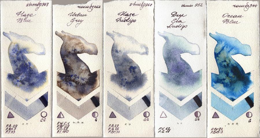 Shminke Horadam Aquarell 967 Haze Blue vs Roman Szmal Aquarius 262 Urban Grey vs 968 Haze Indigo vs 952 Deep Sea Indigo vs 344 Ocean Blue watercolor swatch