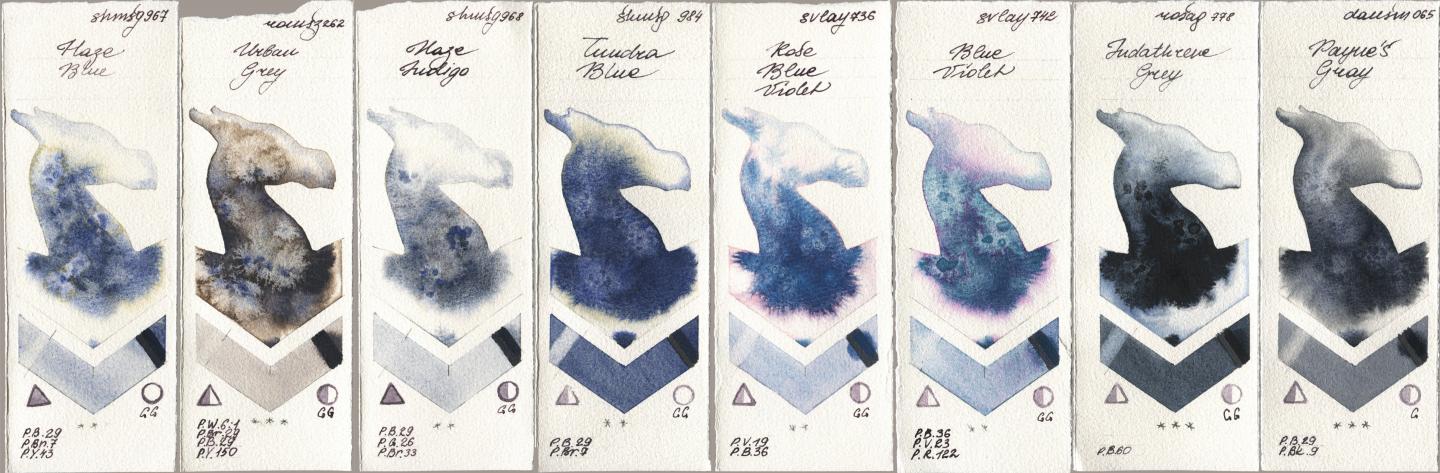 Shminke Horadam Aquarell 967 Haze Blue, Roman Szmal Aquarius 262 Urban Grey, 968 Haze Indigo, 984 Tundra Blue, SuperVision 736 Rose Blue Violet, 742 Blue Violet, Rosa Gallery 778 Indanthrene Grey, Daniel Smith 065 Paynes Gr watercolor swatch