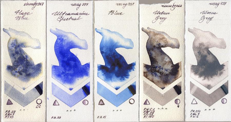 Shminke Horadam Aquarell 967 Haze Blue vs Rosa Gallery 777 Ultramarine Spectral vs 718 Blue vs Roman Szmal Aquarius 262 Urban Grey vs 759 Warm Grey watercolor swatch