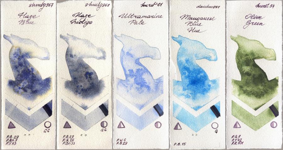Shminke Horadam Aquarell 967 Haze Blue vs 968 Haze Indigo vs Kuretake Gansai Tambi 61 Ultramatire Pale vs Daniel Smith 051 Manganese Blue Hue vs 54 Olive Green watercolor swatch