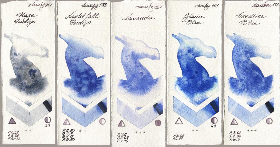 Shminke Horadam Aquarell 968 Haze Indigo vs Holbein Artists Watercolor 533 Nightfall Indigo vs Roman Szmal Aquarius 227 Lavenda vs 961 Glacier Blue vs Daniel Smith 173 Verditer Blue watercolor swatch