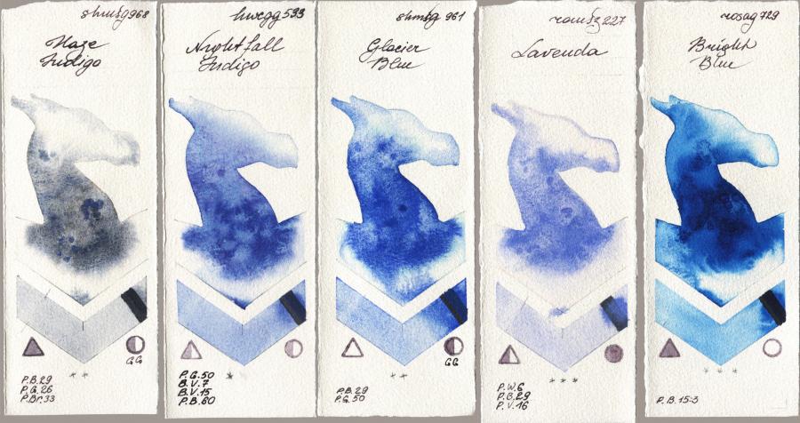Shminke Horadam Aquarell 968 Haze Indigo vs Holbein Artists Watercolor 533 Nightfall Indigo vs 961 Glacier Blue vs Roman Szmal Aquarius 227 Lavenda vs Rosa Gallery 729 Bright Blue watercolor swatch