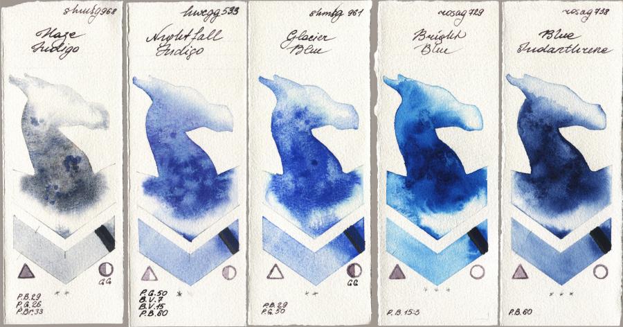 Shminke Horadam Aquarell 968 Haze Indigo vs Holbein Artists Watercolor 533 Nightfall Indigo vs 961 Glacier Blue vs Rosa Gallery 729 Bright Blue vs 738 Blue Indanthrone watercolor swatch