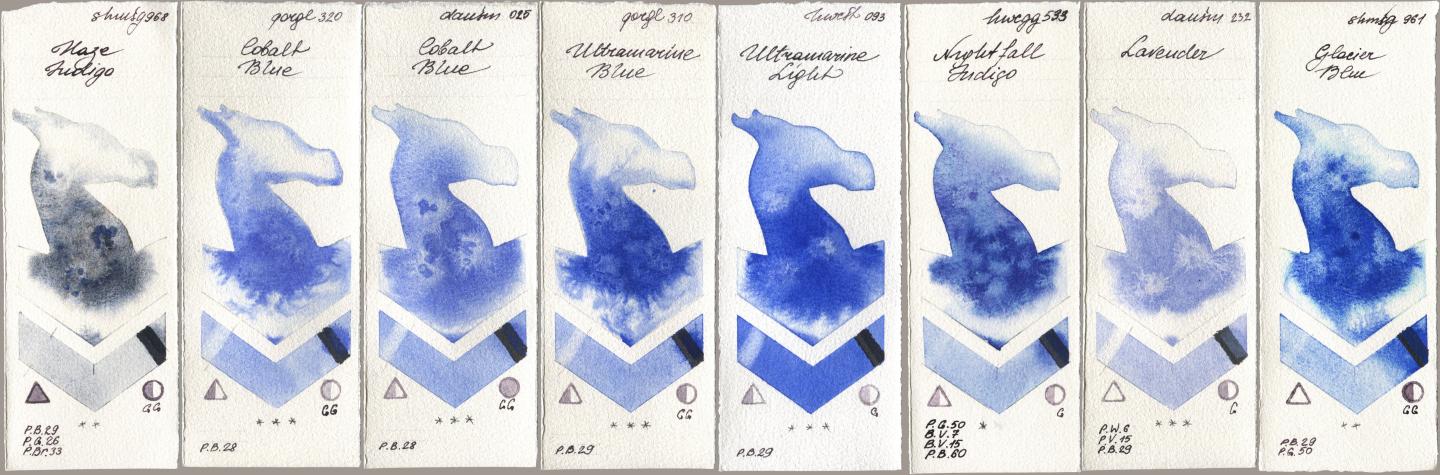 Shminke Horadam Aquarell 968 Haze Indigo, Golden QOR 320 Cobalt Blue, Daniel Smith 025 Cobalt Blue, 310 Ultramarine Blue, Holbein Artists Watercolor 093 Ultramarine Light, 533 Nightfall Indigo, 232 Lavender, 961 Glacier Bl watercolor swatch