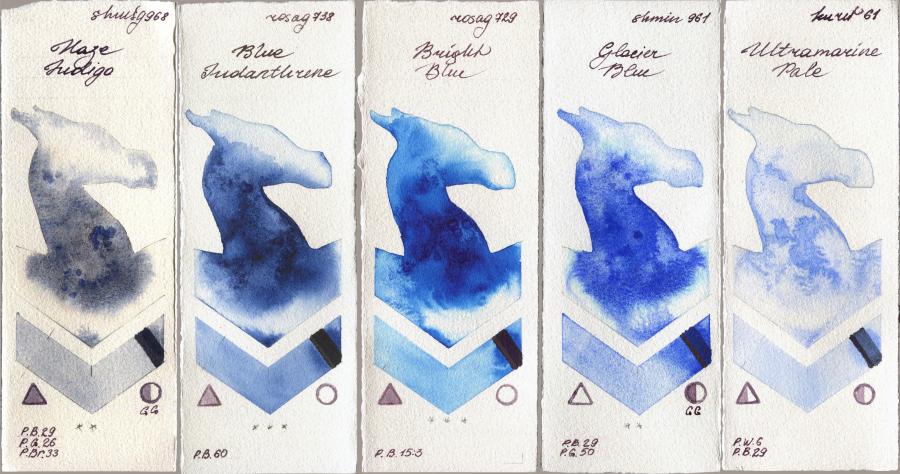 Shminke Horadam Aquarell 968 Haze Indigo vs Rosa Gallery 738 Blue Indanthrone vs 729 Bright Blue vs 961 Glacier Blue vs Kuretake Gansai Tambi 61 Ultramatire Pale watercolor swatch