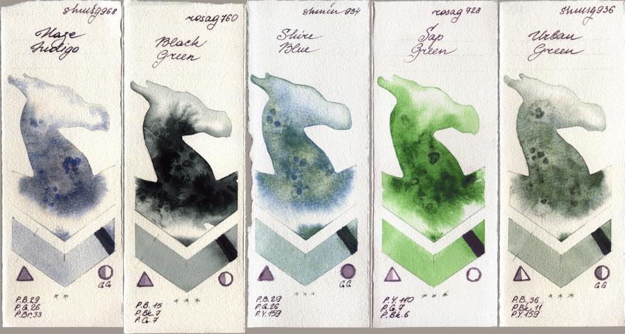 Shminke Horadam Aquarell 968 Haze Indigo vs Rosa Gallery 760 Black Green vs 934 Shire Blue vs 728 Sap Green vs 936 Urban Green watercolor swatch