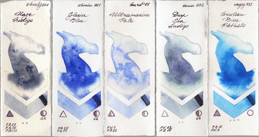 Shminke Horadam Aquarell 968 Haze Indigo vs 961 Glacier Blue vs Kuretake Gansai Tambi 61 Ultramatire Pale vs 952 Deep Sea Indigo vs Royal Talens Van Gogh Watercolour 535 Cerulean Blue Phthalo watercolor swatch