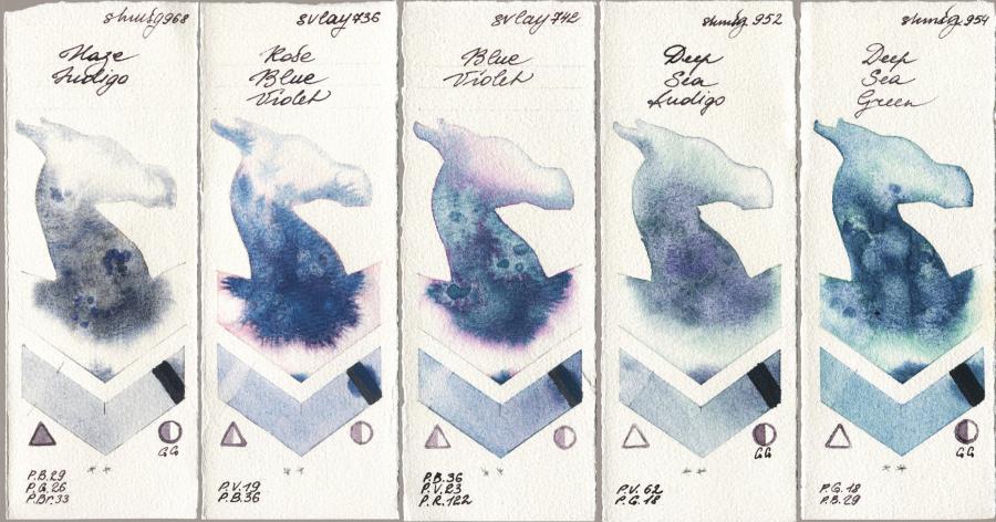 Shminke Horadam Aquarell 968 Haze Indigo vs SuperVision 736 Rose Blue Violet vs 742 Blue Violet vs 952 Deep Sea Indigo vs 954 Deep Sea Green watercolor swatch