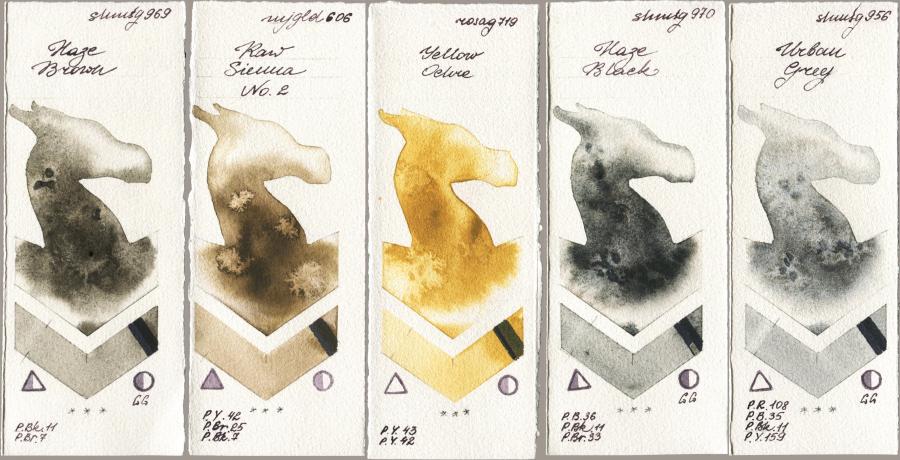 Shminke Horadam Aquarell 969 Haze Brown vs Mijello Mission Gold 606 Raw Sienna No 2 vs Rosa Gallery 719 Yellow Ochre vs 970 Haze Black vs 956 Urban Grey watercolor swatch