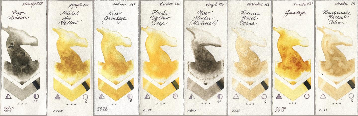 Shminke Horadam Aquarell 969 Haze Brown, Golden QOR 140 Nickel Azo Yellow, Winsor & Newton Professional 267 New Gamboge, Daniel Smith 040 Hansa Yellow Deep, 485 Raw Umber (Natural), 123 Verona Gold Ochre, Royal Talens Rembrandt Watercolour 238 Gamboge, 147 Burgundy Yellow Och watercolor swatch