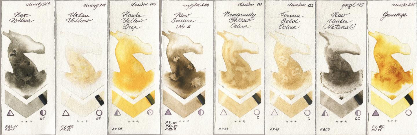 Shminke Horadam Aquarell 969 Haze Brown, 916 Urban Yellow, Daniel Smith 040 Hansa Yellow Deep, Mijello Mission Gold 606 Raw Sienna No 2, 147 Burgundy Yellow Ochre, 123 Verona Gold Ochre, Golden QOR 485 Raw Umber (Natural), Royal Talens Rembrandt Watercolour 238 Gambo watercolor swatch
