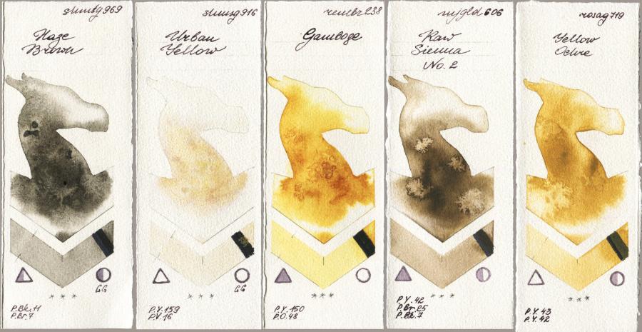 Shminke Horadam Aquarell 969 Haze Brown vs 916 Urban Yellow vs Royal Talens Rembrandt Watercolour 238 Gamboge vs Mijello Mission Gold 606 Raw Sienna No 2 vs Rosa Gallery 719 Yellow Ochre watercolor swatch
