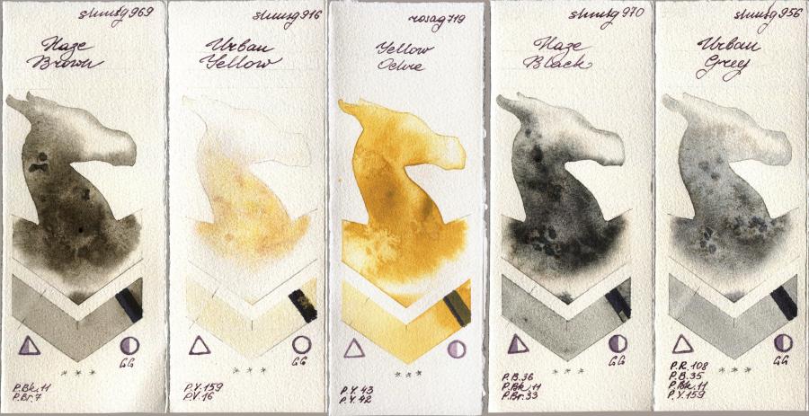 Shminke Horadam Aquarell 969 Haze Brown vs 916 Urban Yellow vs Rosa Gallery 719 Yellow Ochre vs 970 Haze Black vs 956 Urban Grey watercolor swatch